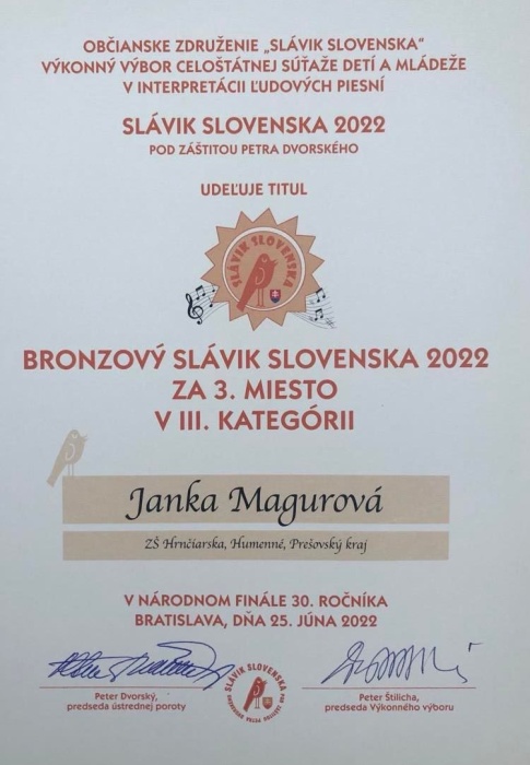 Janka Magurová bronzová v celoslovenskom kole Slávik Slovenska 2022